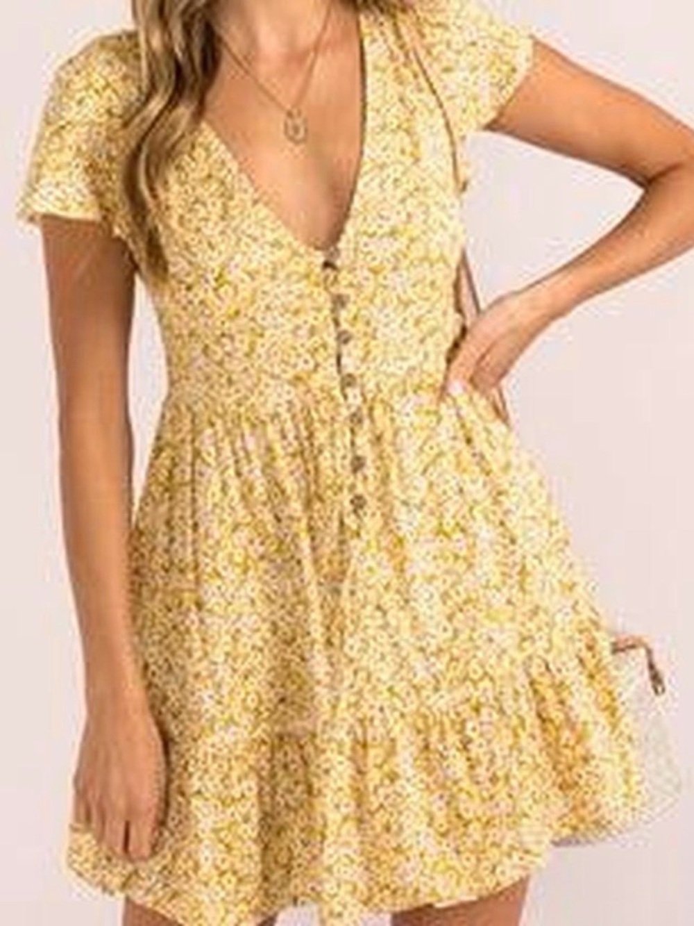 Yellow Floral Button-Front Mini Sun Dress